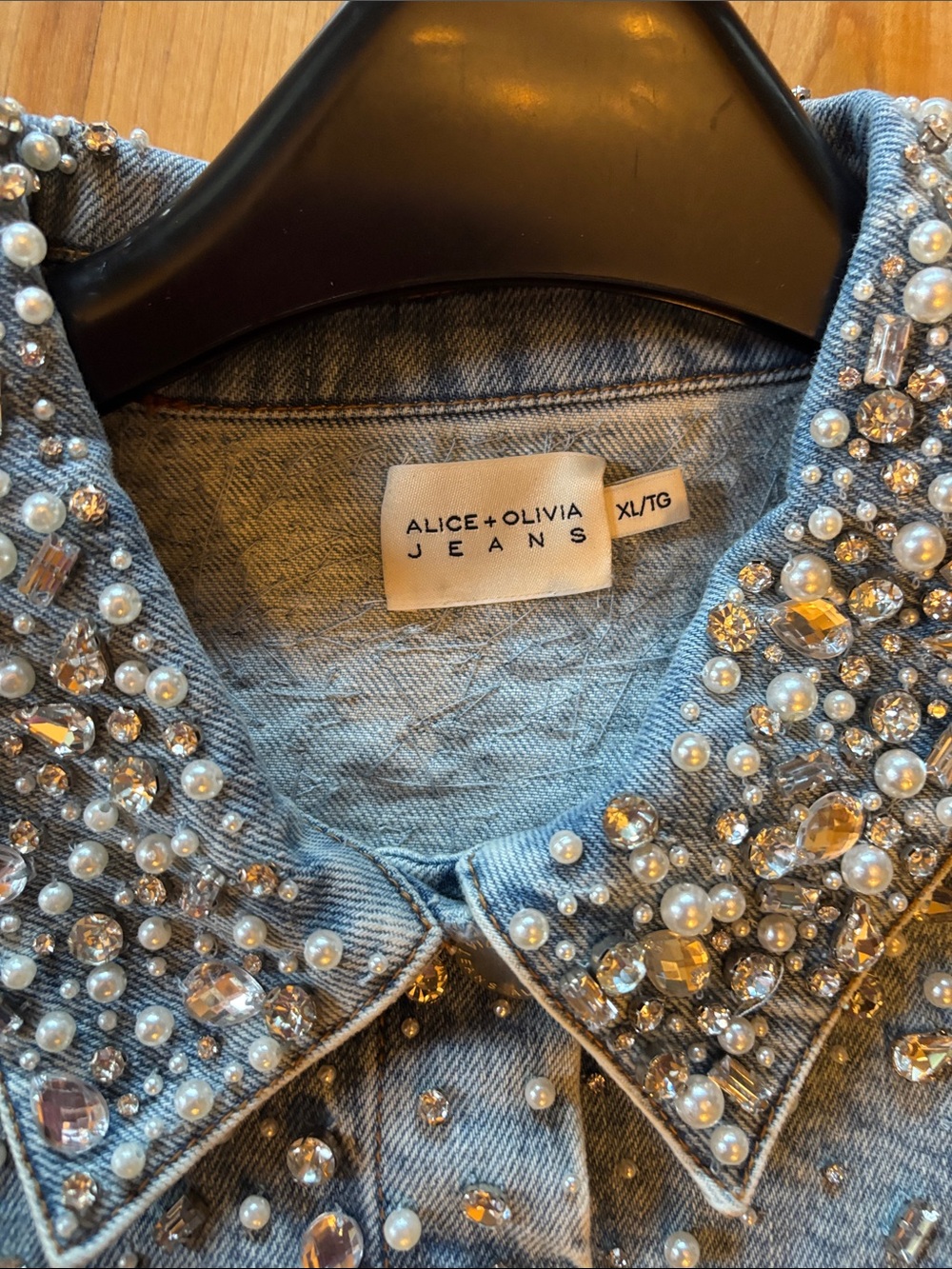 Alice + Olivia Light Blue Pearl-Embellished Denim Jacket - Picture 3 of 16